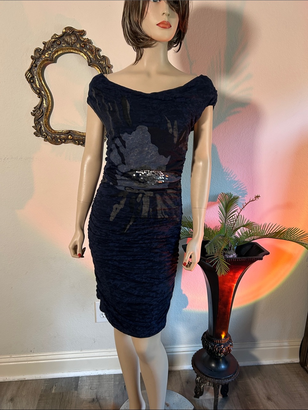 INC International Concepts Black Ruched Midi Dress with Sequin Waist